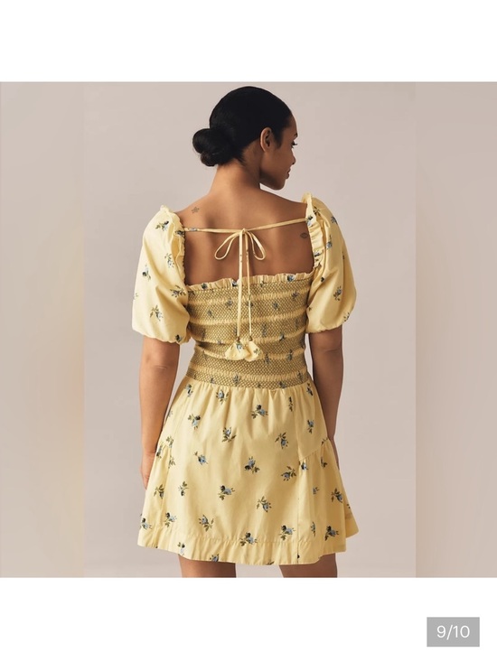 Anthropologie Dresses & Skirts - Anthropologie Puff Sleeve Square neck Smocked Mini Dress Large Yellow NWT
